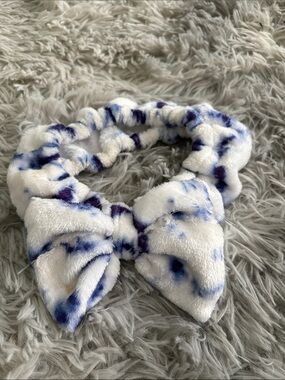 Plush Bow Headband - White with Blue Tie-Dye